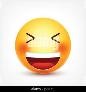 Smiley,ridere emoticon. Faccia gialla con le emozioni. L'espressione del viso. 3D realistici gli Emoji. Divertente personaggio dei fumetti.L'umore. Icona del Web. Illustrazione Vettoriale. Illustrazione Vettoriale