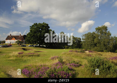 Vista di erica e festuca erba piccolo bunker e 9 verde, la clubhouse e il mulino a vento, Reigate Heath Golf Club, Reigate, Surrey, Inghilterra Foto Stock