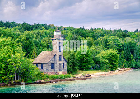 Faro di legno sul Grand Island al di fuori di Munising, Michigan Foto Stock