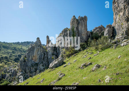 Rocce e cielo blu in andalusia con erba verde paesaggio Foto Stock