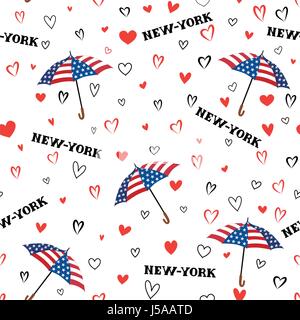 Usa viaggio seamless pattern. amore new york city background. cuore sfondo con bandiera degli Stati Uniti ombrello colorato. Illustrazione Vettoriale