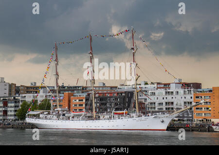 Amsterdam, Paesi Bassi. 19 Ago, 2015. SAIL Amsterdam 2015, vela in parata del primo giorno (di 5, 19 al 23 agosto) a IJhaven: sail training Ship Dar Młodzieży, Polonia. SAIL Amsterdam è un quinquennale evento marittimo ad Amsterdam nei Paesi Bassi. Tall navi provenienti da tutto il mondo visitano la città per ormeggiare nel suo porto orientale. - Fotocredit: Christian Lademann Foto Stock