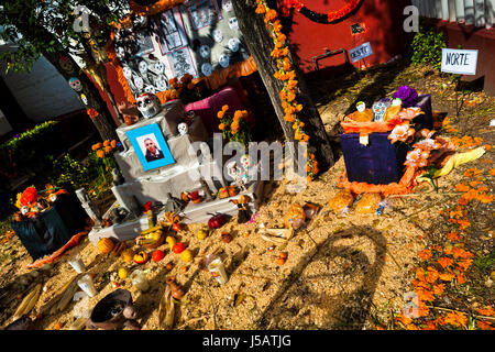 Offerte di cibo, calendula fiori, simboli di morte e le candele sono posti all'altare dei morti durante il giorno dei morti in Città del Messico. Foto Stock