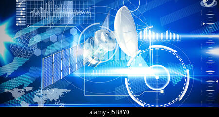 3d illustrazione di blu satellite solare contro la tecnologia Blu interfaccia con candelette Foto Stock