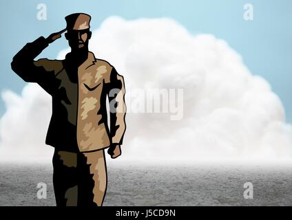 Digital composito di Cartoon soldier salutando contro il cloud e la massa Foto Stock