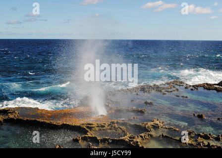 Un piccolo spruzzo di acqua fuoriesce dal foro di sfiato di Tinian, Isole Marianne del Nord Foto Stock