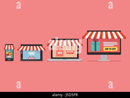 Online il concetto di shopping in stile piatto. i dispositivi mobili e internet il concetto di shopping Illustrazione Vettoriale