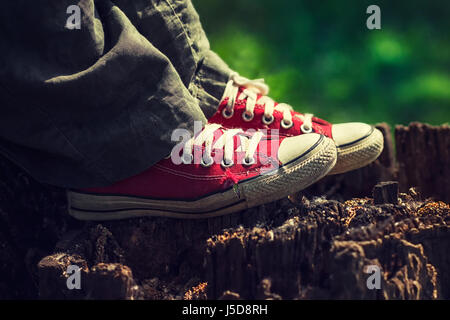 I piedi femminili in rosso brillante sneakers in tela, in piedi su un ceppo di albero, indossando verde pantaloni di lino Foto Stock