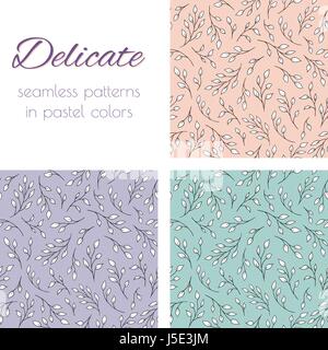 Set di vettore seamless patterns con rami di alberi. Eleganti ornamenti naturali in tinte pastello. Già in campioni. Illustrazione Vettoriale