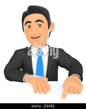 3d business persone illustrazione. Imprenditore con la punta rivolta verso il basso con un dito. Isolato sullo sfondo bianco. Foto Stock