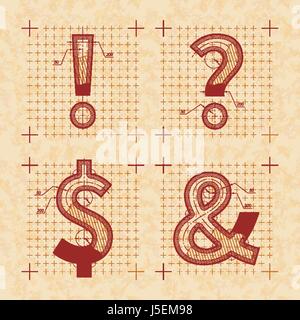 Inventore medievale schizzi di caratteri speciali lettere. In stile retrò font sulla vecchia carta testurizzata Illustrazione Vettoriale