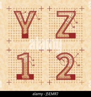 Inventore medievale schizzi di Y Z 1 2 lettere. In stile retrò font sulla vecchia carta testurizzata Illustrazione Vettoriale