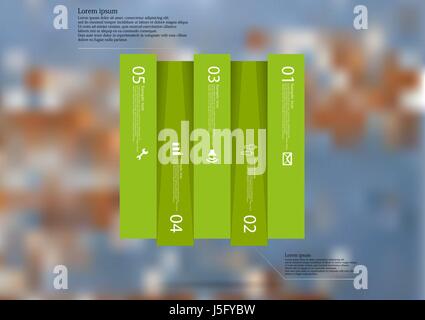 Illustrazione modello infografico con motivo del rettangolo diviso verticalmente a cinque spostato le sezioni verde con un semplice segno, numero e testo di esempio. Illustrazione Vettoriale