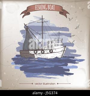 Barca da pesca con reti schizzo a colori. Illustrazione Vettoriale