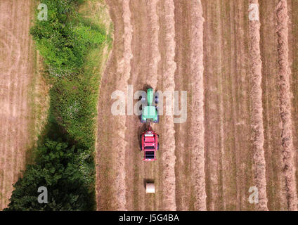 Il trattore la raccolta di fieno in East Anglia - vista aerea Foto Stock