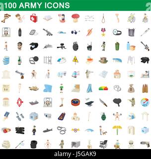 Esercito 100 set di icone, stile cartoon Illustrazione Vettoriale