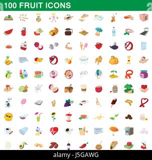 100 frutta set di icone, stile cartoon Illustrazione Vettoriale