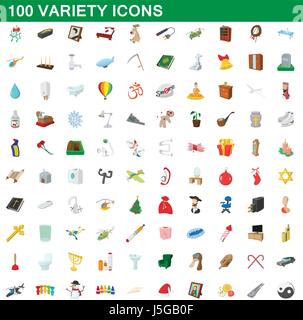 100 diversi set di icone, stile cartoon Illustrazione Vettoriale