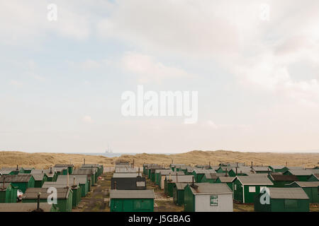 Capanne di pescatori verdi situate tra le dune di Paddys Hole, Redcar, Cleveland. Foto Stock
