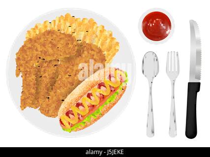 Pollo fritto patatine fritte e hot dog su un piatto di portata Illustrazione Vettoriale