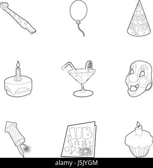 Festa di compleanno di set di icone di stile di contorno Illustrazione Vettoriale