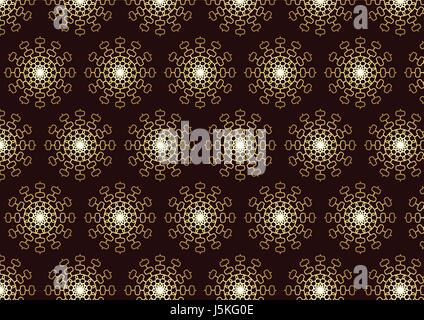 Oro fiore retrò seamless pattern e line art tecnologia sul colore marrone scuro. Fiorisce antico stile. Illustrazione Vettoriale