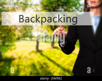 Backpacking - Imprenditrice mano premendo il pulsante sul touch screen interfaccia. Business, tecnologia internet concetto. Stock Photo Foto Stock