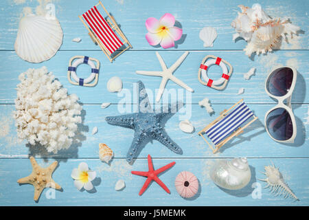 Seashells su sfondo di legno Foto Stock