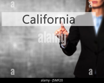 California - Imprenditrice premendo high tech pulsante moderno su un sfondo virtuale. Business, tecnologia internet concetto. Stock Photo Foto Stock