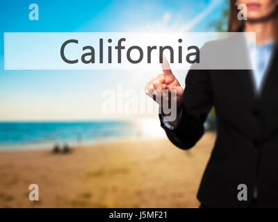 California - Imprenditrice premendo high tech pulsante moderno su un sfondo virtuale. Business, tecnologia internet concetto. Stock Photo Foto Stock