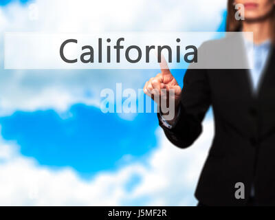 California - Imprenditrice premendo high tech pulsante moderno su un sfondo virtuale. Business, tecnologia internet concetto. Stock Photo Foto Stock