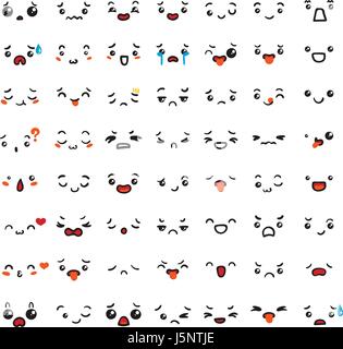 Set di carino incantevole kawaii emoticon. Doodle cartoon faccia nel manga infantili stile cartoon. Illustrazione Vettoriale