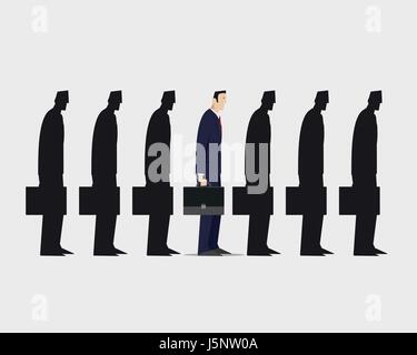 Imprenditore in piedi fuori dalla folla di gruppo identica borsisti nero su sfondo bianco. Leadership, unicità, indipendenza, iniziativa, strategia, Illustrazione Vettoriale