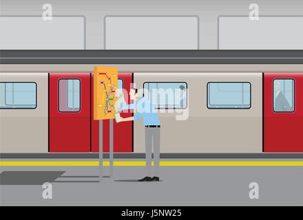 Uomo che guarda la mappa della metropolitana. Illustrazione Vettoriale