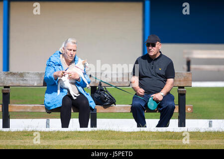 Denbighshire, Galles, nel Regno Unito il 18 maggio 2017. Regno Unito - Previsioni del tempo - il tempo è caldo e sole oltre il Galles del Nord inclusa la località costiera di Rhyl, Denbighshire. Un giovane e il loro cane di relax al sole nella località costiera città di Rhyl nel Galles del Nord © DGDImages/Alamy Live News Foto Stock