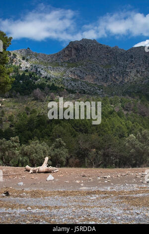 Paesaggio di montagna e la vista della spiaggia di Cala Tuent Mallorca, Spagna. Foto Stock