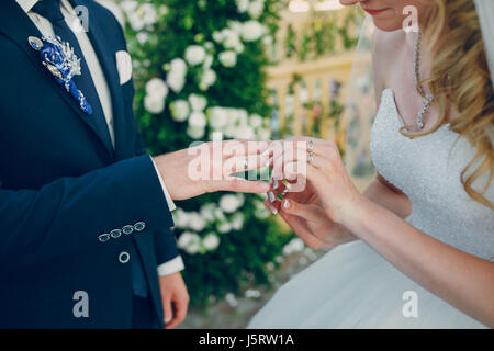 Cerimonia di matrimonio a mettere su degli anelli Foto Stock