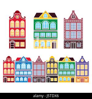 Case di Amsterdam, edifici Olandese, Olanda o Paesi Bassi archictecture icone Illustrazione Vettoriale