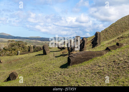 Moai Statue di Rano Raraku cava di Vulcano - Isola di Pasqua, Cile Foto Stock