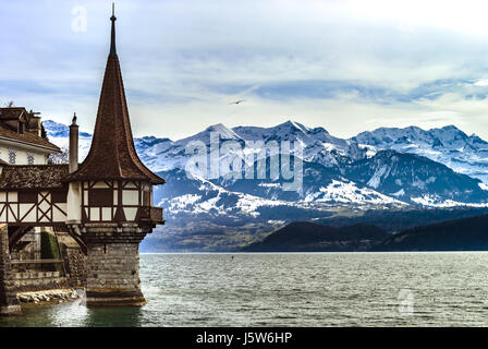 Il castello di Oberhofen torre su sfondo alpino, montagne con la neve, Svizzera Foto Stock