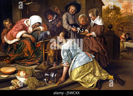 Gli effetti di dissoluzione 1663-5 Jan Steen 1626 - 1679 olandese Nei Paesi Bassi ( La donna crollati a sinistra, la cui borsa è stato prelevato da un bambino di estrema sinistra, è dormire fuori gli effetti dell'alcool. Essa illustra il proverbio 'De Wijn è een spotter" (Vino è lo schernitore). ) Foto Stock