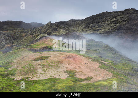 Le fumarole a Leirhnjukur / Leirhnjúkur, campo di lava nella caldera Krafla in inverno, Norðurland eystra / Nordurland eystra, Nord Islanda Foto Stock