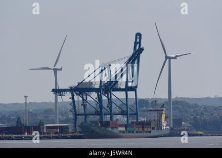 Tilbury Docks, sul Tamigi nell'Essex, con gru, nave container e rimorchiatori con chiatta. Gru PACECO España Foto Stock