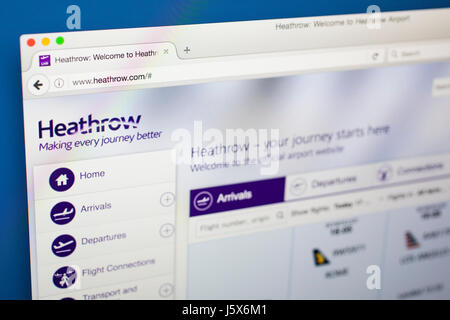 LONDON, Regno Unito - 17 Maggio 2017: la homepage del sito web ufficiale per l'Aeroporto Internazionale di Heathrow, il 17 maggio 2017. Heathrow è il terzo più trafficati Foto Stock