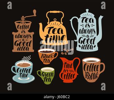 Bevande calde, caffè, tè set di etichette. Raccolta di elementi decorativi per menu ristorante o bar. Lettering, calligrafia illustrazione vettoriale Illustrazione Vettoriale