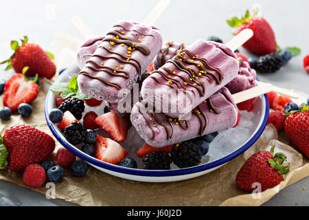 Di frutti di bosco misti popsicles con glassa di cioccolato Foto Stock