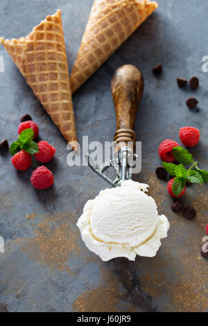 Gelato alla vaniglia convogliatore in un cucchiaio Foto Stock