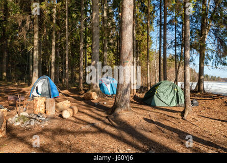 Tourist Camp con tende in una pineta vicino al lago in primavera Foto Stock