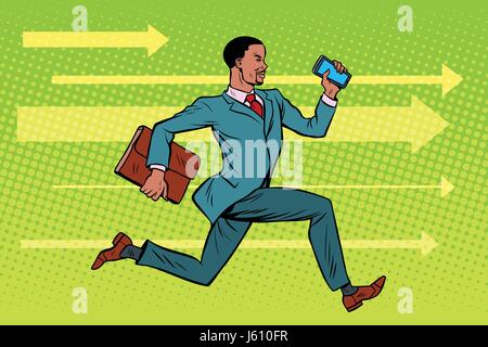 Imprenditore con uno smartphone corsa veloce in avanti. In Africa la gente americana. La Pop art retrò illustrazione vettoriale disegno Illustrazione Vettoriale