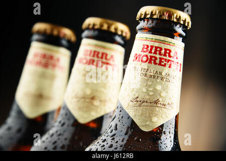 POZNAN, Polonia - 31 MAR 2017: Birra Moretti, Italian Brewing company fondata a Udine nel 1859 da Luigi Moretti, ora di proprietà di Heineken International Foto Stock